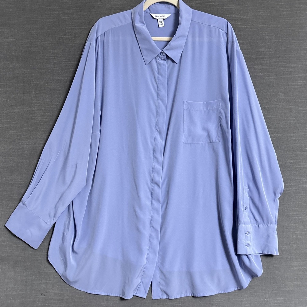 Nine West Top 4X Blue Button Tunic Long Sleeve Plus Oversized Blouse Career Work